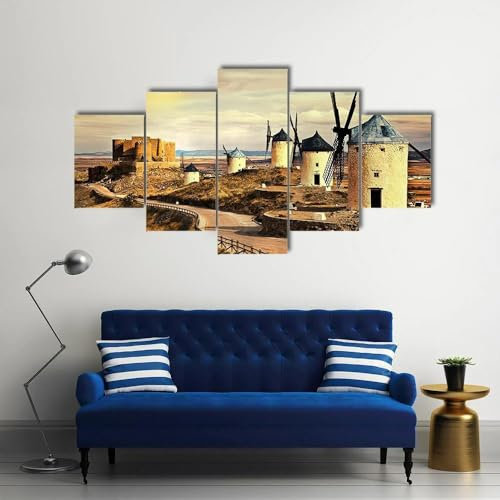 QYYAMDEQ Leinwand Bilder 5 Teilig Wandbilder Windmühlen von Spanien bei Sonnenuntergang bild auf leinwand Wohnzimmer Modern Bilder, Poster, Kunstdrucke Büro Flur Bad Küchebilder