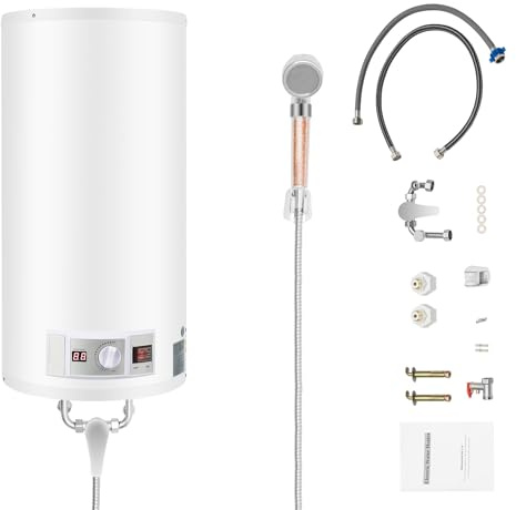 Elektrisk varmvattenberedare, 50 l, vertikal, elektrisk, med indikatorlampa och reglering för utomhusbruk, 2 000 W, inklusive installationsset och duschar, motstånd av rostfritt stål, vit