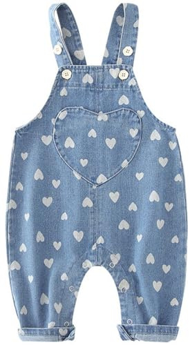 AOOPOO Salopette Bimba da Lavoro Neonate Tuta in Jeans alla Moda con Ricamato Amore, Bambina Tuta Salopette in Denim Tutina Carino Neonata Pantaloni Jeans per Bebè 0-4 Anni
