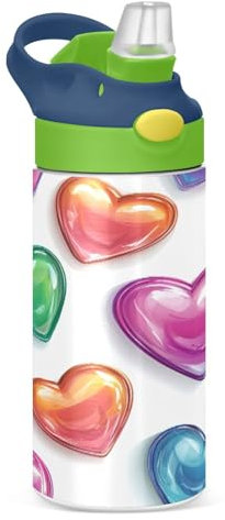JUMBEAR Bouteille d'eau colorée en forme de cœur pour enfants, 350 ml, bouteille d'eau de sport isotherme avec couvercle à paille, bouteille d'eau en acier inoxydable pour garçons et filles