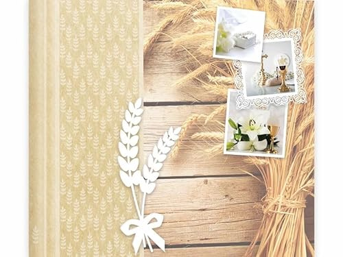 Fotoalbum Kommunion, 31 x 31 cm, 20 freie Seiten und Foto zum Einkleben, Fotoalbum zur Erstkommunion Kommunion mit 20 Seiten und Seidenpapier (Ährchen aus Weizen, Kelchen und Blumen)