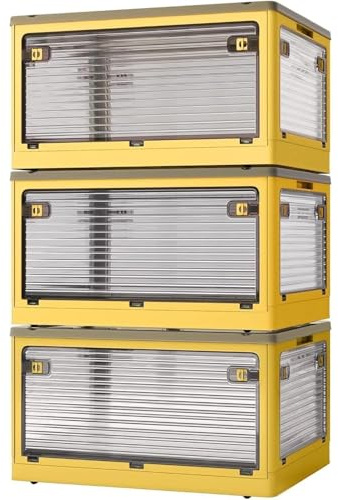Roqao 3 Pack Aufbewahrungsboxen mit Deckel 84L Kunststoffboxen mit Rollen | Zusammenklappbare Kisten Aufbewahrung Transparent Storage Boxes mit Fünf Türen Stapelkisten Lagerboxen Gelb (60×42×100cm)
