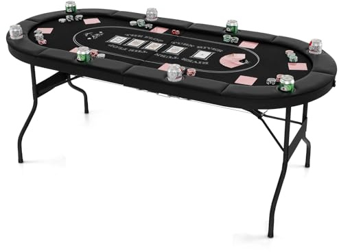 GOPLUS Mesa de Póker para 8 Jugadores, Juego de Cartas Plegable de 182 cm con 8 Portavasos de Metal, Barandas Acolchadas, Blackjack Texas Hold'em para Casa, Fiestas (Negro)
