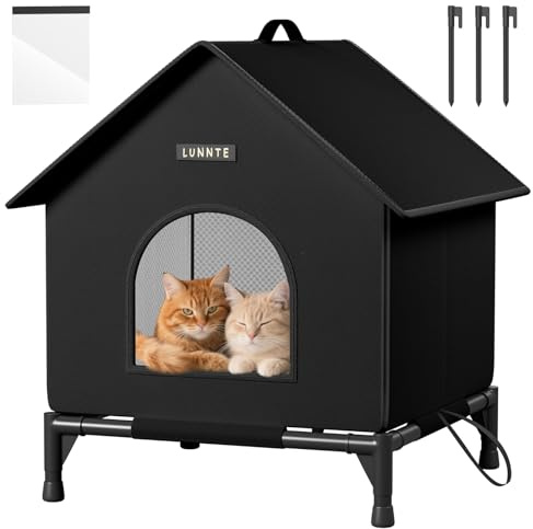 Wasserdichtes Outdoor Katzenhaus, Robustes 4-Jahreszeiten Katzenhäuschen mit erhöhtem Stand, Wetterfestes Tierheim mit Türvorhang für Katzen & Kleine Hunde, Streuner (XL, Schwarz)