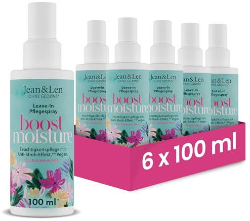 Jean & Len Boost Moisture Leave In Pflegespray, im praktischen Set, für trockenes Haar, mit Anti-Stroh-Effekt, Leave In Haarpflege, für glänzendes Haar, ohne Parabene & Silikone, vegan, 6 x 100 ml
