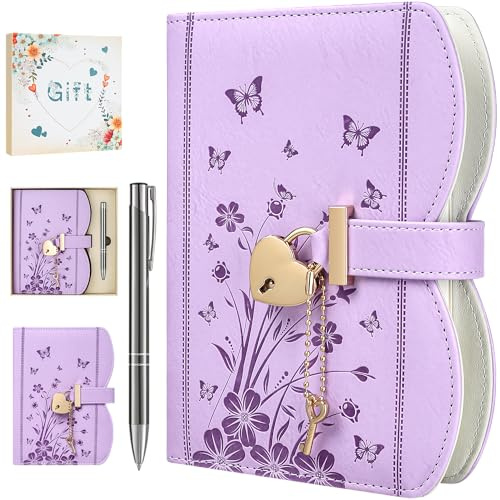HwxBen Journal intime avec cadenas et clé – Coffret cadeau fille 8 à 13 ans, carnet secret avec stylo et marque-page, rechargeable format B6, 244 pages, Lavande clair