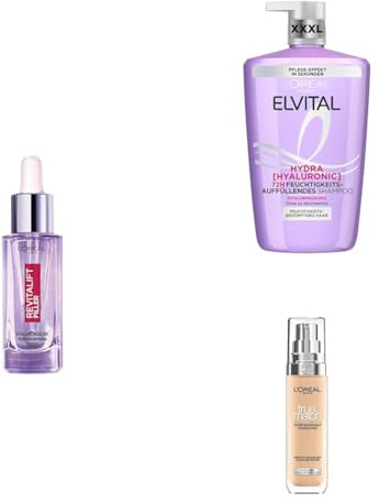 Hyaluron Power Set mit Feuchtigkeitsboost: L'Oréal Paris Revitalift Filler Aufpolsterndes Serum, Elvital Hydra Hyaluronic feuchtigkeitsspendendes XXXL Shampoo und L'Oréal Paris True Match Make-Up
