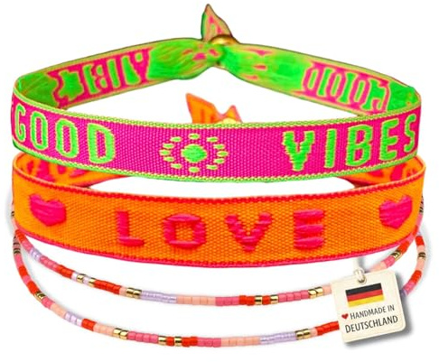 happymaker Stoffarmbänder mit Statement im Boho Style für Frauen und Männer, wasserfest, handmade in Deutschland, Festival Armband