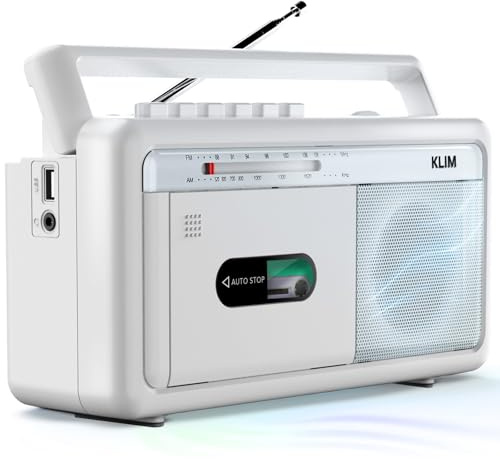 KLIM Reproductor Cassette Boombox, Radiocasete Am/FM, Bluetooth, Grabadora Cassette, USB, Altavoz, Salida Auriculares, Funciona con Pilas o Corriente, Diseño Portátil Retro - Blanco Escarcha