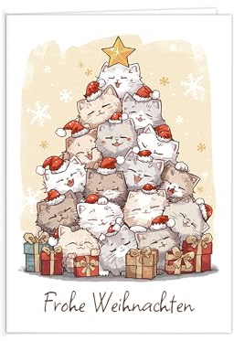 10 Weihnachtskarten (ohne Umschlag) Tannenbaum – Klappkarten DIN A6 „Frohe Weihnachten“ hochwertige Weihnachtsgrußkarten Motiv Katzen Weihnachtsbaum – Christmas Cards – Karten Set