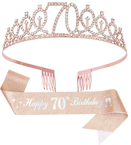 70th Birthday Crown & Sash for Women, Rose Gold