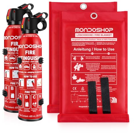 Feuerlöschspray mit Löschdecke Mondoshop Set - 2x600ml Feuerlöscher und 2 Stück Feuerlöschdecken 1 m x 1 m für Haushalt, Ideal für Grill, Auto, Boot, Camping