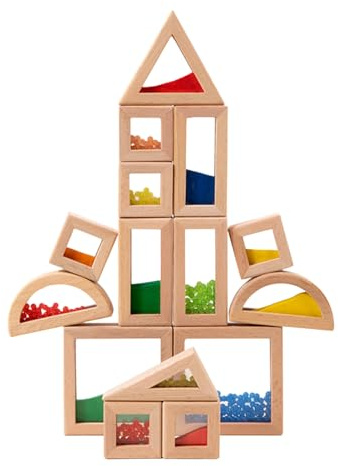 15er Set Sensorik Bausteine aus Holz - Regenbogen Stapelsteine mit Acrylfenster - MontessoriLernspielzeug für Kinder - Farbenfrohe Stapelblöcke zur Sinnesförderung & Kreativität - Holzbausteine