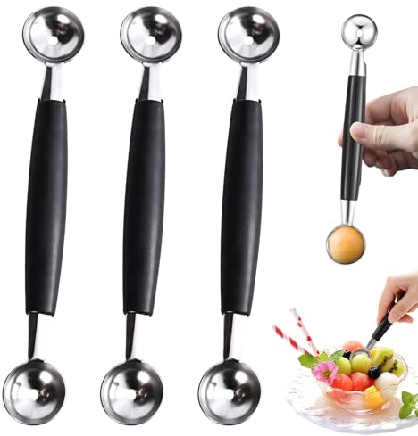 KinetiCore 3 PCS Double Sided Melon Baller – Stainless Steel Fruit Baller Scoop for Melon, Ice Cream, Dessert – Double Scoops, Non-Slip Handle, Dishwasher Safe, Kitchen Tool Set