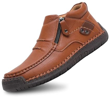 2026 Zapatos Casuales sin Cordones para Hombre, Parte Superior de Cuero, cómodos Zapatos para Caminar para Uso Diario con diseño de Cremallera Lateral, Jeans y Pantalones Casuales.