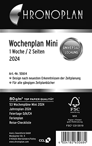 Chronoplan 50614 kalenderinlägg 2024 (veckoplanering mini (79 x 125 mm) reservkalendarium för mötesplanerare, perfekt för detaljerad veckoplanering, 1 vecka på 2 sidor i rader, med universell
