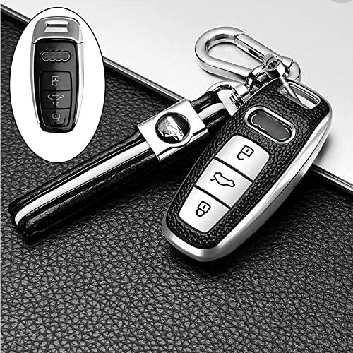 ontto Autoschlüssel Hülle Cover Passt für A6 A7 A8 RS6 S6 RS6 A7 Q7 Q8 A6L A8L E-tron C8 D5 SQ7 SQ8 2018-2020 Autofernbedienung Schlüsselanhänger TPU Leder Schutzhülle Schlüsselhülle-Silber
