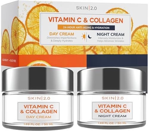 Skin 2.0 Vitamin C & Collagen Face Moisturizer – Anti Aging Day & Night Cream for Smooth & Radiant Skin, Firms & Restores Dull Complexion – Dermatologist Tested, Korean Skin Care Set, Vegan – Duo Pack