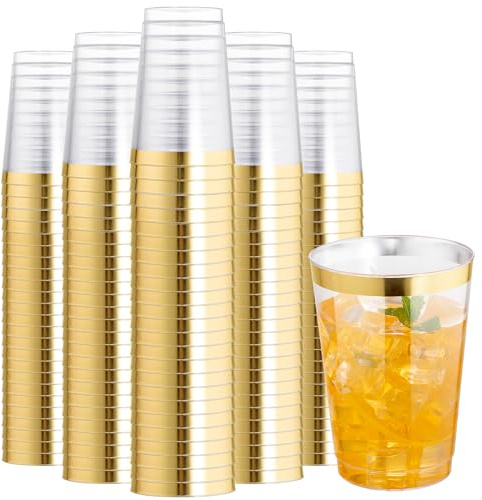 I00000 200 Pack 12 oz Gold Plastic Cups, Clear Disposable Cups, Disposable Plastic Wine Glasses Cocktail Glasses Premium Cups with Gold Rim, 12 Ounce Tumblers for Party & Wedding