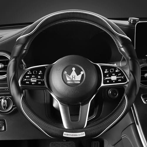 HighnessHwoo 3D Car Steering Wheel Cover Comfort Grip Massage Sporty Anti-Slip Carbon Fiber Faux Leather for Sedan Suv, Universal Fit, Car Handle Covers for All Seasons, 37-38cm, White