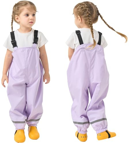 Fewlby Kids Waterproof Trousers Boys Girls Rain Trousers Waterproof Bib Overalls Rain Dungarees Windproof Mud Pants Toddler Outdoor Rainwear With Reflective Strips 3-4 Years Purple