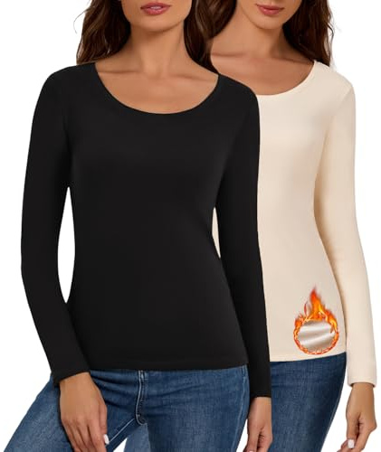 Bonneuitbebe 2 Pack Thermal Shirt Women's Scoop Neck Tops Long Sleeve Undershirt Women Thermal Baselayer Tops