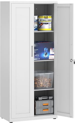 Aktenschrank, abschließbarer Garagenschrank, 3 Ebenen Büroschrank, Werkstattschrank mit verstellbaren Regalen, für Büro, Garage und Hauswirtschaftsraum, 40 x 75 x 181.5 cm, Weiß