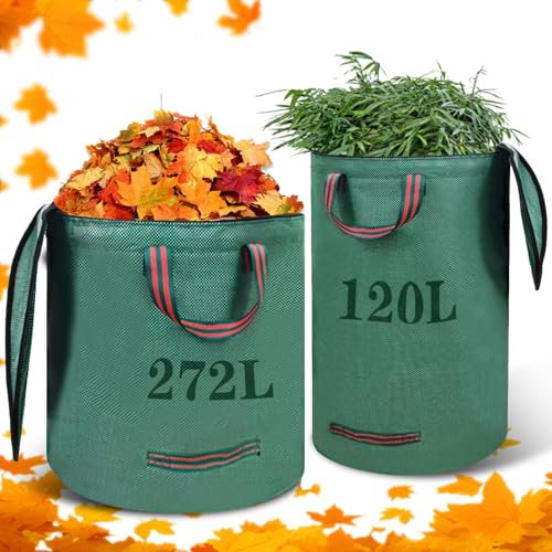 Plstod Sacchi Giardinaggio, Sacchi per Giardino 120L e 272L Set di 2 pezzi, Sacco per Raccogli Foglie da Giardino con Maniglie, Impermeabile, Riutilizzabile, Adatti per Foglie, Spazzatura di erba