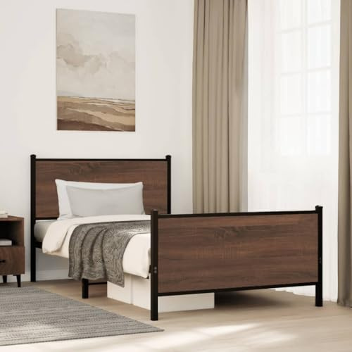 Teenpull metallram 107 x 203 cm brun eklook, stabil sängram med sänggavel och ribbotten, plattformsdesign för sovrumsmöbler, extra förvaringsutrymme, robust enkelsäng utan madrass