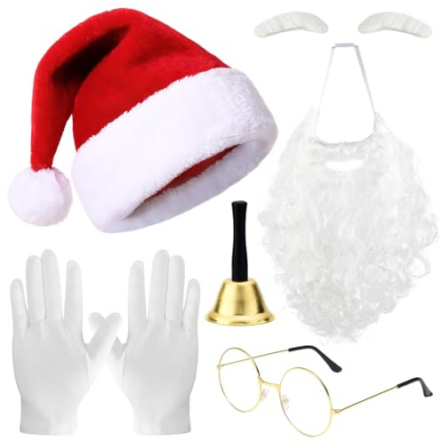 MIFKLMV Christmas Santa Costume Set, Christmas Dress Up Set - Santa Hat, Beard Wig, White Eyebrow, Winter Gloves, Glasses, Bell, Santa Claus Dressing Props for Adults Family Party Gifts