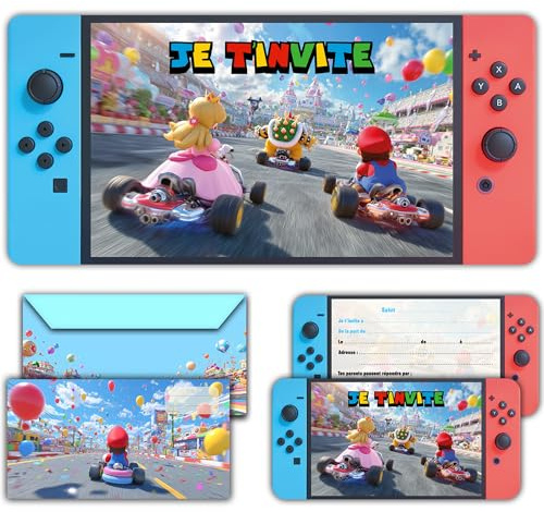 Glowiibo Fun4kid 12 x Cartes Invitation Anniversaire pour Jeux Vidéo Switch avec Enveloppes Assorties - Idéal Enfant Garçon Ado - Cartons Préremplis en Français pour Fête et Anniversaire