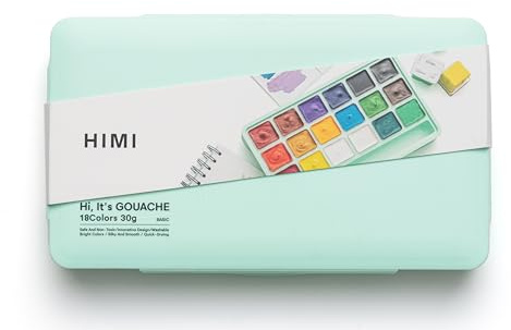 HIMI Jelly Cup Gouache Set 18 Paint Colours, Green Case, Add Water to Reactivate, Smooth, Rich Colours, Gift, Artist Art Supplies, Large Scale Art Work to Fine Details, Ready to Use Gouache Colors