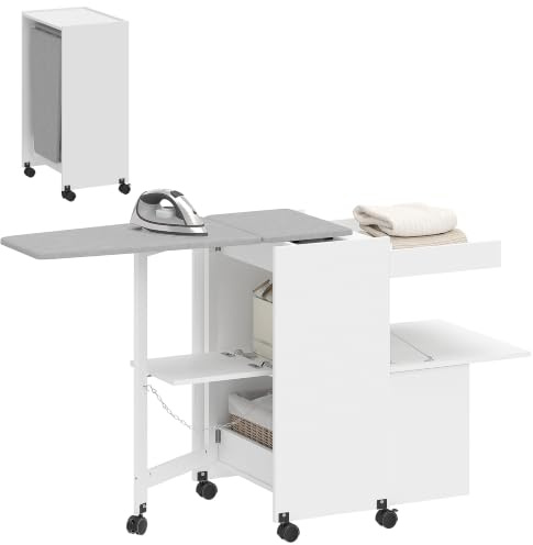 HOMCOM Meuble à Repasser Pliante sur roulettes 154x55x87cm Blanc