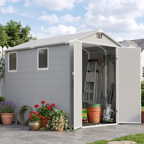 JUMMICO 6x8 XXL Gartenhaus, 9,4m³ Kunststoff-Geräteschuppen mit Boden, 185x240x210 cm, Wetterfest & Frostsicher, Ideal für Fahrräder, Rasenmäher, Gartengeräte, Hellgrau