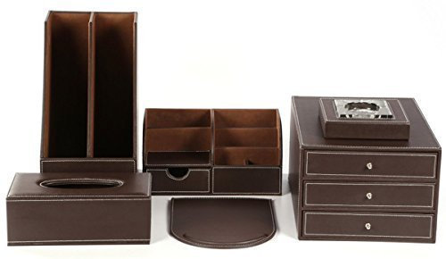 KINGFOM 6pcs Leder büro Schreibtisch Set - Inklusive Schreibtisch Organisator, Schubladenbox, Kosmetiktücherbox, Zeitschriftensammler Halter, Aschenbecher und Mauspad (T02-Braun)