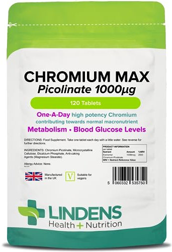 Lindens Chromium Max 1000mcg Picolinate - 120 Tablets | Detox, Metabolism, Blood Glucose, | Mega Potency (2500% NRV) | 4 Months Supply, UK Manufacturer, Letterbox Friendly, Vegan
