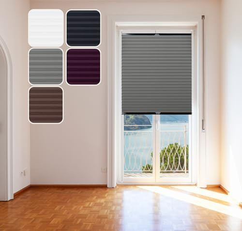 Thermo-Plissee Grau 90x120cm mit schwarzen Alu-Profilen, Klemm-Fix Halterung ohne Bohren