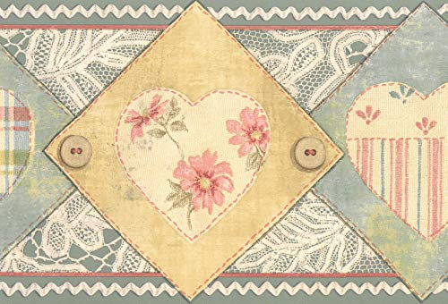 Dundee Deco BD6134 - Bordo per carta da parati preincollato, motivo con cuori e fiori, per bambini, verde, marrone, rosa, motivo retrò, 4,57 x 17,78 cm