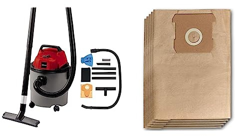 Einhell Aspirateur eaux et poussières TC-VC 1815 (1250 W, Diamètre tuyau : 36 mm, Support pour câble intégré, Flotteur de sécurité, Livré avec accessoires) + Lot de 5 sacs de rechange 15 litres