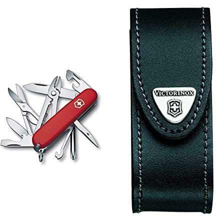 Victorinox Taschenmesser Deluxe Tinker (17 Funktionen, Phillips-Schraubendreher, Kombizange, Schere) rot & Leder-Etui (für Taschenmesser, Gürtelschlaufe, Klettverschluss, schwarz, 3cm x 10cm) schwarz