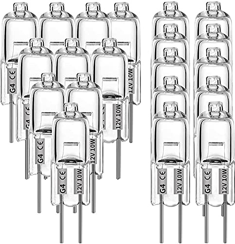 Bombillas halógenas G4, 20 bombillas halógenas de 10 W y 12 V de 2 pines transparentes de cápsula, lámpara de base halógena, luz blanca cálida, luces de señal, iluminación de pista (20 piezas)