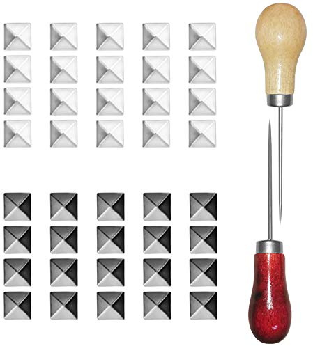 Sonku 400 Stück quadratische Nieten, 10 mm Vier-Backen-Nieten mit 2 Stück gerader Ahle verwendet für Taschen, Leder, Kleidung, Schuhe, Kunsthandwerk, DIY Spikes, Punkte, Nieten, schwarz, silber