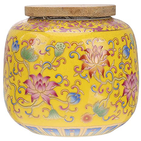 Cabilock Teedose im chinesischen Vintage-Stil, 230 ml, Keramik, mit luftdichtem Holzdeckel, traditionelle Tee-Vorratsdosen für Küche, Gewürze, Kaffee, Gewürze – Gelb