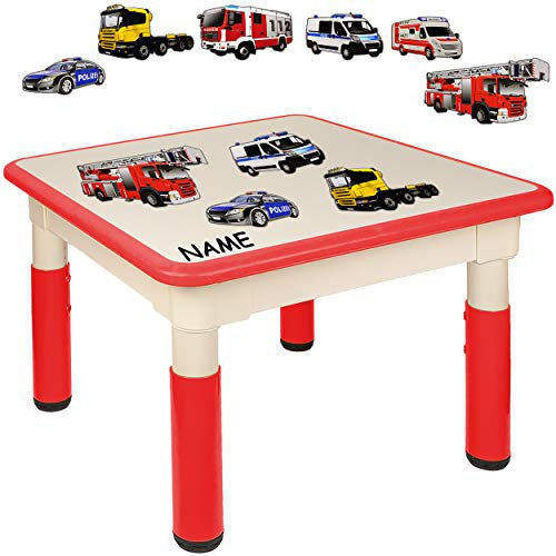 alles-meine.de GmbH Kindertisch/Tisch - höhenverstellbar - Größen & Motiv & Farbwahl - Feuerwehr & Polizei Auto/rot - inkl. Name - 1 bis 8 Jahre - Plastik - für INNEN & AUßEN..