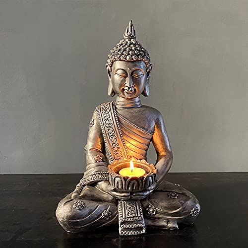 Cutfouwe Buddha Statue Mit Lichthalter, Lichthalter Buddha Figur Sitzend Antik Harz Thai Buddha Teelicht Kerzenhalter Meditations Dekoration Für Haus Wohnkultur Garten,Silber,B