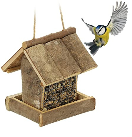 Relaxdays Bird Feeder House, Hanging Feeding Station, HxWxD 17.5 x 14.5 x 11.5 cm, Wooden Birdhouse, Natural