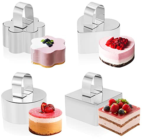 4Pcs Anillo para Cocinar Pastel, Anillo Tartas Moldes Galletas Mousse Juego de Moldes para Postres con empujador, Anillo de Mousse de Pastel, Redonda Cuadrada Flor Corazón para cocinar bollos, mousse