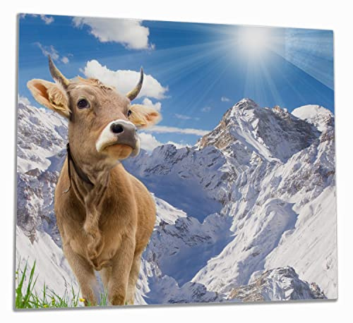 Wallario Herdabdeckplatte/Spritzschutz aus Glas, 1-teilig, 60x52cm, für Ceran- und Induktionsherde, Kuh im Sonnenschein in den Alpen