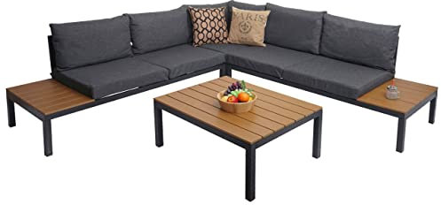 Mendler Garten Garnitur HWC-H54b, Garnitur Sitzgruppe Garten-/Lounge-Set Sofa, Olefin Holzoptik Alu - Polster dunkelgrau
