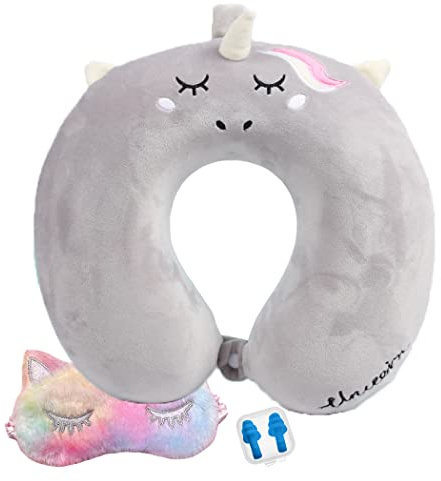 JFAN Coussin De Voyage avec Cache-œIl Coussin Cervical Mousse à MéMoire De Forme Oreiller De Voyage avec des Bouchons d'oreille Coussin Avion，Taille Unique Gris